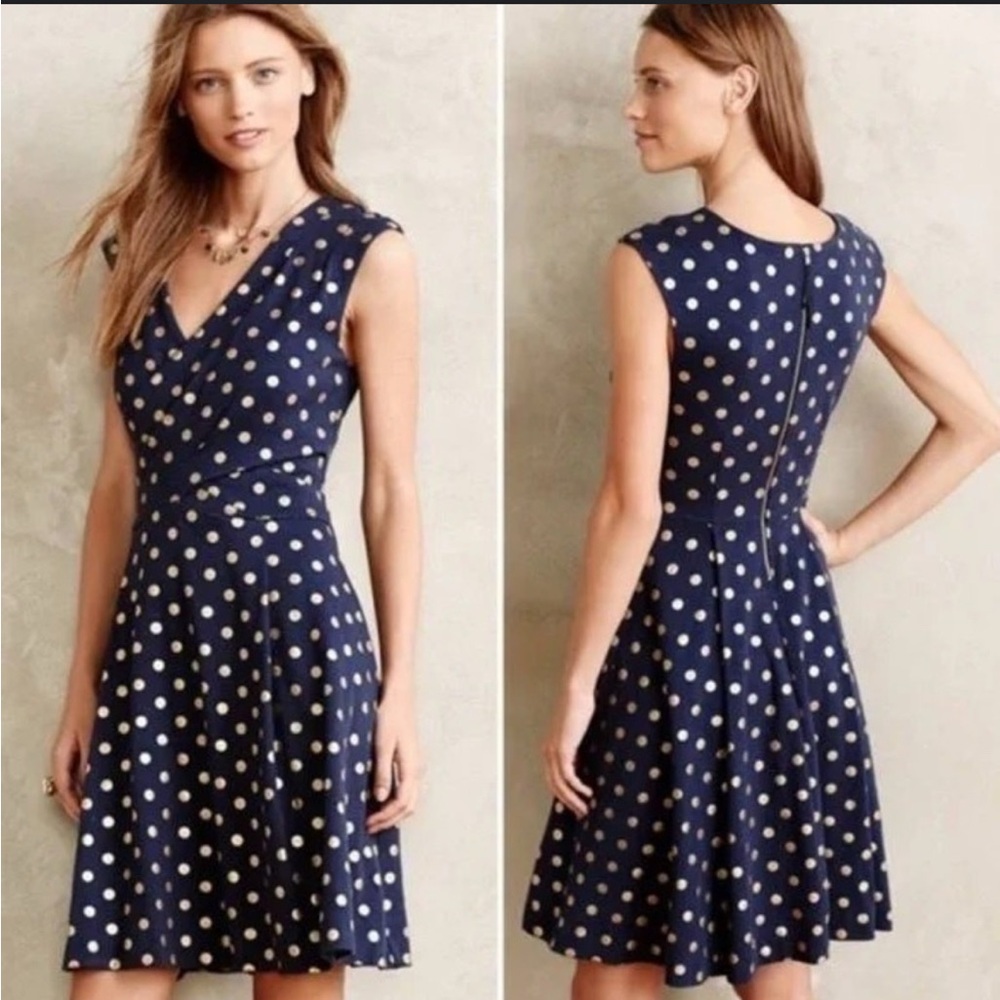 Anthropologie Maeve Polka Dot Sleeveless Navy Dress, Sz M